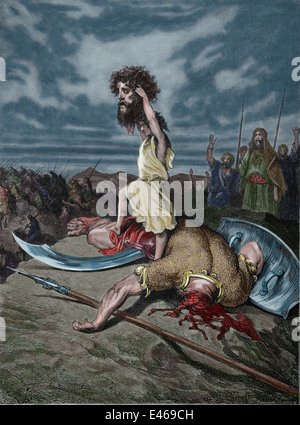 La bibbia. Davide e Golia. (I Samuel 9.49. 51). Incisione di Gustave Dore.del XIX secolo. Foto Stock