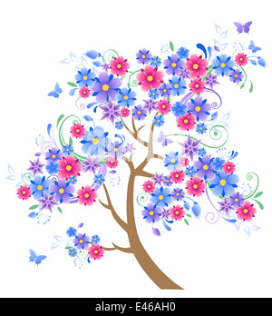 Blue Tree di fioritura e farfalle su sfondo bianco Foto Stock