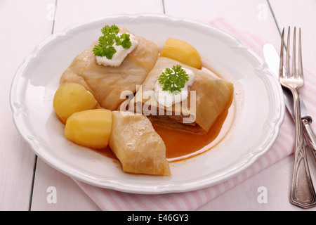 Farcite involtini di cavolo con patate e panna acida, vista dall'alto Foto Stock