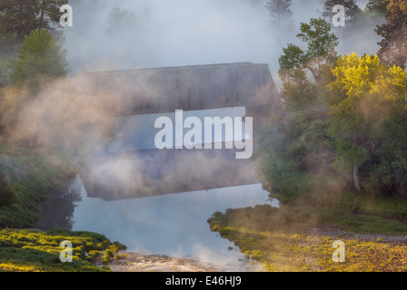 Whitman County, WA: Cancellazione nebbia sul fiume Palouse e Manning-Rye Ponte Coperto (1918) all'alba. Foto Stock