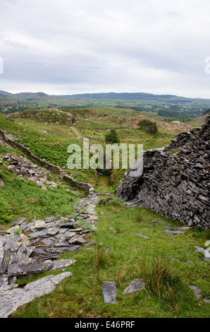 Vista da punte di ardesia a Tanygrisiau, Blaenau Ffestiniog, Gwynedd Foto Stock