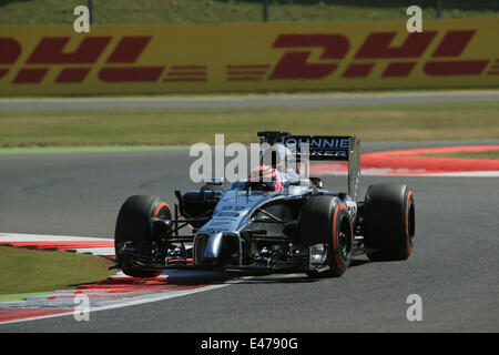 Circuito di Silverstone, Northants, Regno Unito. 04 Luglio, 2014. Campionato del Mondo di Formula Uno FIA 2014, il Gran Premio di Gran Bretagna, Jenson Button guida la sua McLaren Mercedes MP4/29 indossando casco rosa in memoria del padre suo credito: Azione Sport Plus/Alamy Live News Foto Stock