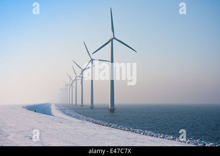 Lunga fila di mulini a vento olandese di scomparire in inverno haze Foto Stock