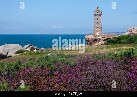 Faro di coste bretoni con bella viola heath nella parte anteriore Foto Stock