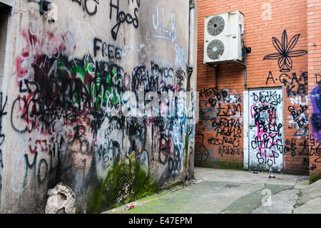 Vicolo con un sacco di grafitti Foto Stock
