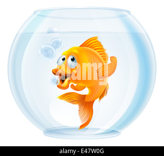 Una illustrazione di un cartoon carino goldfish in oro una ciotola di pesce Foto Stock