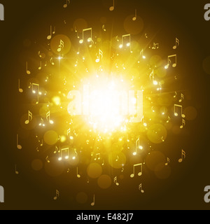 Note musicali esplosione nel buio sfondo dorato Foto Stock