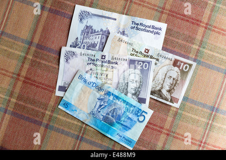 Banconote scozzesi dalla Royal Bank of Scotland £ 5, £10, £20 sulla tradizionale tartan scozzese sfondo Foto Stock