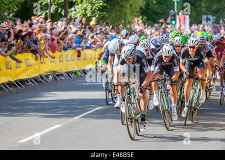 Peleton principale entrando in Harrogate sulla prima tappa del Tour de France Foto Stock