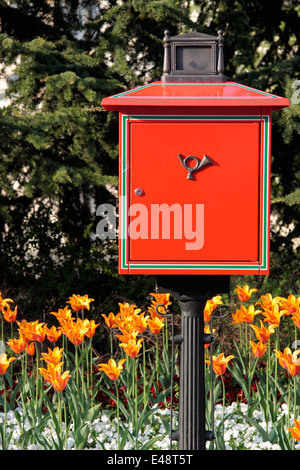 Letterbox rosso nella città vecchia di Veszprem vicino al lago di Balaton, Ungheria Foto Stock