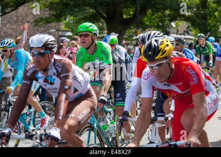 Piloti in peleton principale nella seconda tappa del Tour de France passess attraverso Harrogate, nello Yorkshire, Inghilterra Foto Stock