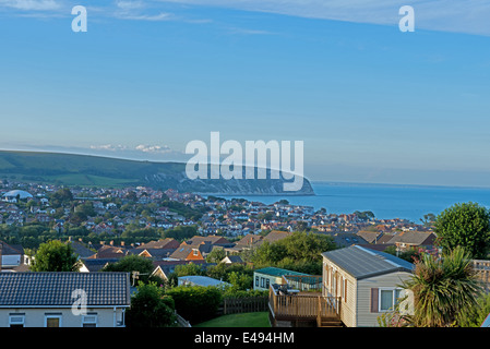 Viste sulla baia di Swanage presi da Swanage Bay View Caravan Park, Swanage, Dorset, England, Regno Unito Foto Stock