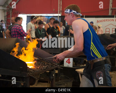 Calgary, Alberta, Canada. 06 Luglio 2014. Farrier forgeing a ferro di cavallo mentre compete nel round finale del Campionato del mondo Blacksmiths ' concorrenza al Calgary Stampede Domenica 6 luglio 2014. I primi cinque guerrieri gareggiano per il titolo di campione del mondo in questa tradizione di lunga data allo Stampede. Calgary, Alberta, Canada. Credit: Rosanne Tackaberry/Alamy Live News Foto Stock