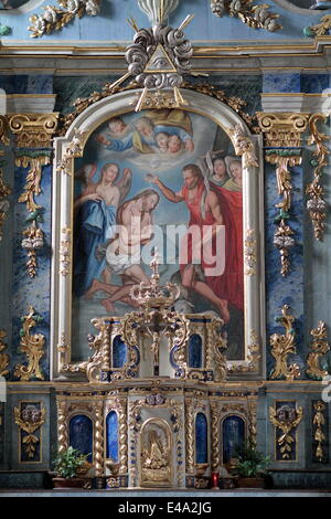 Ancona che mostra il Battesimo di Cristo, san Giovanni Battista, Les Houches, Haute Savoie, Francia, Euorpe Foto Stock