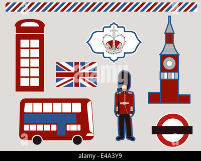 Illustrazione con differenti elementi comunemente associati a Londra Foto Stock