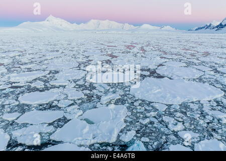 In transito attraverso il canale di Lemaire pesante nel primo anno il mare di ghiaccio in Antartide, regioni polari Foto Stock