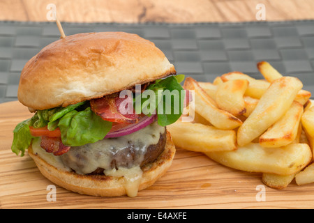 Cheeseburger e patatine fritte con una brioche bun - studio shot con una profondità di campo ridotta Foto Stock