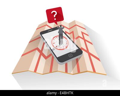 Imprenditrice in piedi sullo smartphone sulla mappa Illustrazione Vettoriale