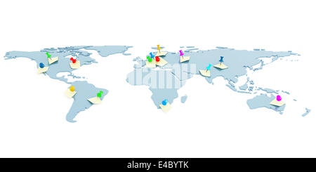 Mappa globale con perni attaccati e adesivi Foto Stock