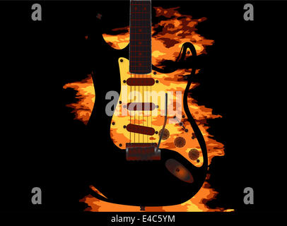 Una chitarra elettrica con un background di masterizzazione impostato su nero Foto Stock