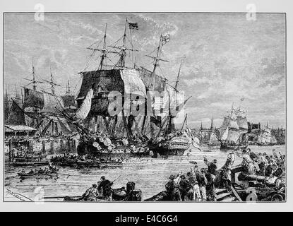 Il Boston Tea Party, 1773, illustrazione Foto Stock