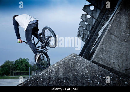 BMX biker eseguendo uno stunt su un ponte Foto Stock