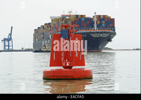 La 151. 000 ton MSC Gaia nave container essendo percorribile con l aiuto dei rimorchiatori in Felixstowe Terminal Container, UK. Foto Stock