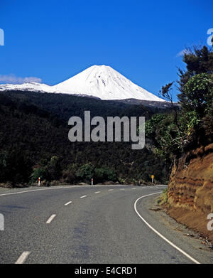 Strada curva mostra snow-capped mountain in distanza, Isola del Sud, Nuova Zelanda Foto Stock