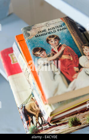 Una copia di Jane Austen's Mansfield Park sulla sommità di una pila di altri libri vintage Foto Stock