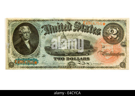 Vista complementare di rara 1869 2 dollari US ritaglio di banconote Foto Stock
