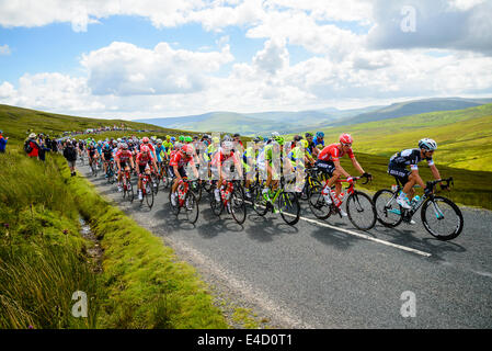 Il peloton racing su Buttertubs passano sulla fase 1 del 2014 Tour de France nel North Yorkshire Foto Stock