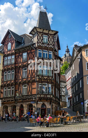 Casa in legno e muratura 'Deutsches Haus', la piazza del mercato, Chiesa di Santa Maria sul retro, centro storico, Marburg, Hesse, Germania Foto Stock