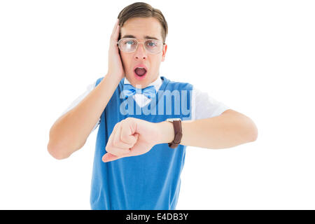 Geeky giovani hipster realizzare hes tardi Foto Stock