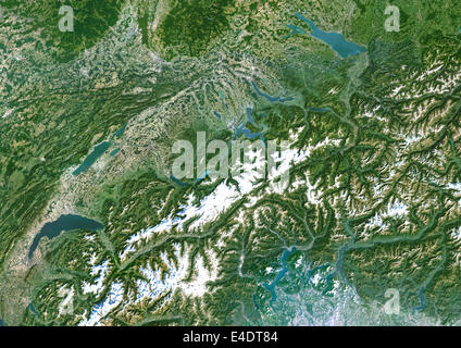 La Svizzera, True Color immagine satellitare. La Svizzera. Immagine satellitare del paese europeo della Svizzera e la surroundin Foto Stock