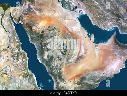 Arabia Saudita, Medio Oriente, True Color satellitare immagine con bordo. Vista satellitare di Arabia Saudita (con bordi). Questa immagine è stata Foto Stock