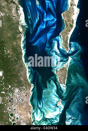 L'Arcipelago di Bazaruto, Mozambico, True Color satellitare immagine. True color immagine satellitare delle isole di sabbia di Bazaruto Archipela Foto Stock