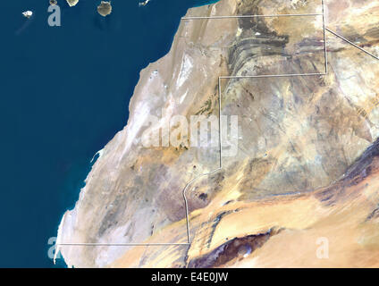 Il Sahara occidentale, True Color satellitare immagine con bordo Foto Stock