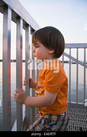 Tre anni di vecchio ragazzo che guarda al Fiume Ohio da Waterfront Park a Louisville, Kentucky Foto Stock