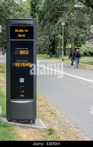 Ciclista digitale contatore sul prato del Nord a piedi Edinburgh Foto Stock