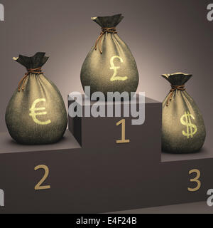 Sacchi di denaro di valute diverse sul podio apprezzamento. Foto Stock