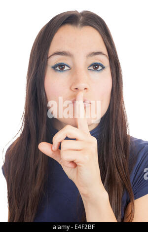 Close-up di una donna shushing isolati su sfondo bianco Foto Stock