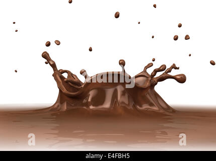 Il cioccolato liquido splash vicino. Vista laterale, su sfondo bianco. Percorso di clipping incluso. Foto Stock