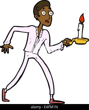 Cartoon uomo spaventato camminare con il candelabro Illustrazione Vettoriale