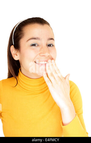 Close-up di una giovane donna sorridente con sfondo bianco Foto Stock