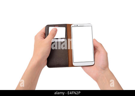 Fuori di una carta da smart phone caso isolato su bianco Foto Stock