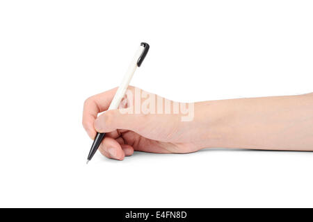 Penna a sfera sull uomo asiatico la mano, isolato su bianco Foto Stock