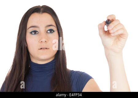 Close-up di una ragazza la scrittura isolati su sfondo bianco Foto Stock