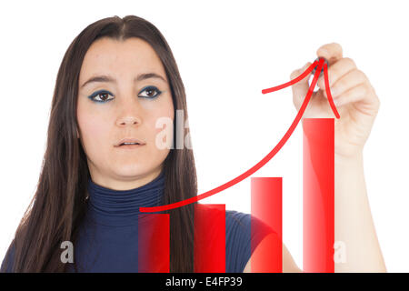 Close-up di una ragazza la scrittura di un grafico isolato su sfondo bianco Foto Stock