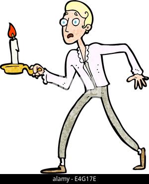 Cartoon uomo spaventato camminare con il candelabro Illustrazione Vettoriale