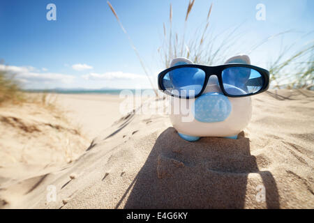 Salvadanaio sulla spiaggia di vacanze Foto Stock